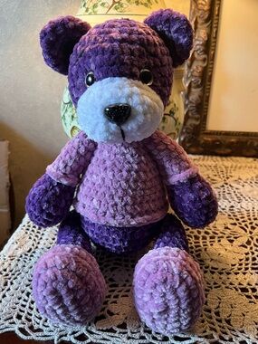 Handmade Crochet Plush Purple and Pink Teddy Bear Stuffed Animal. 13”. New